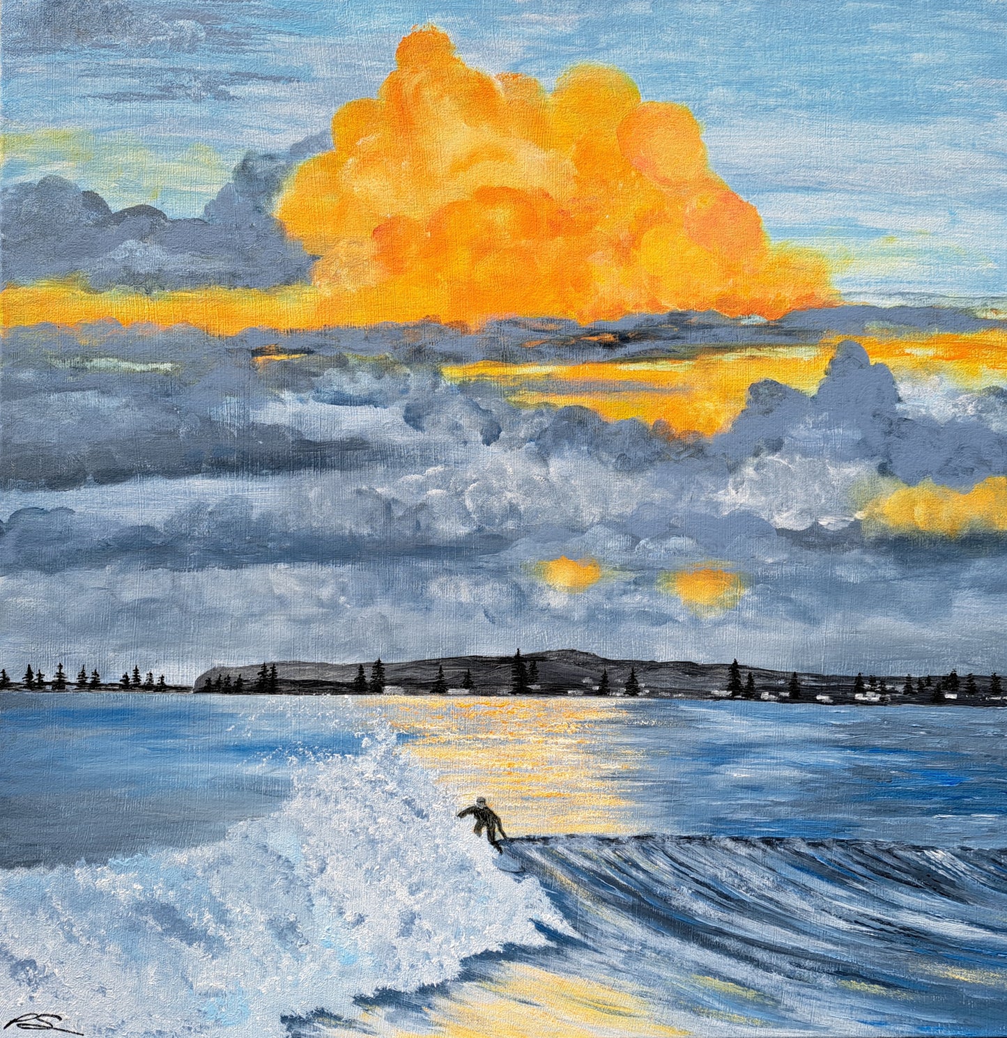 Sunset Surfer Original Artwork — Acrylic 50cm sq Framed