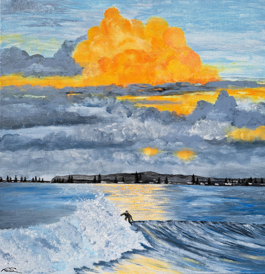 Sunset Surfer Original Artwork — Acrylic 50cm sq Framed