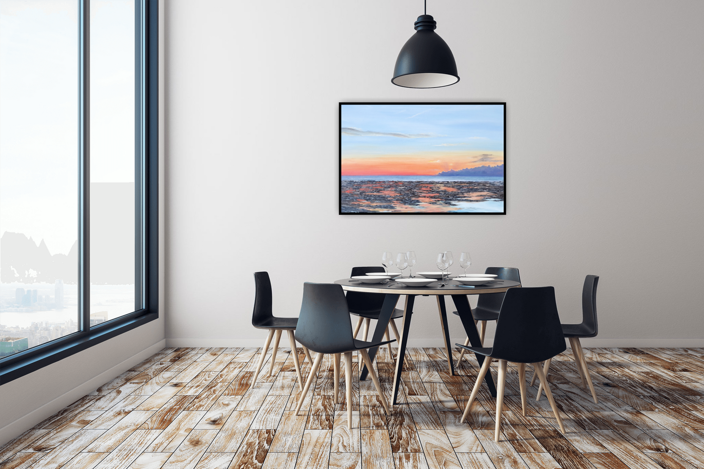 Firey Dawn Original Artwork — oil on canvas 78x64cm framed, sunrise harbour seascape