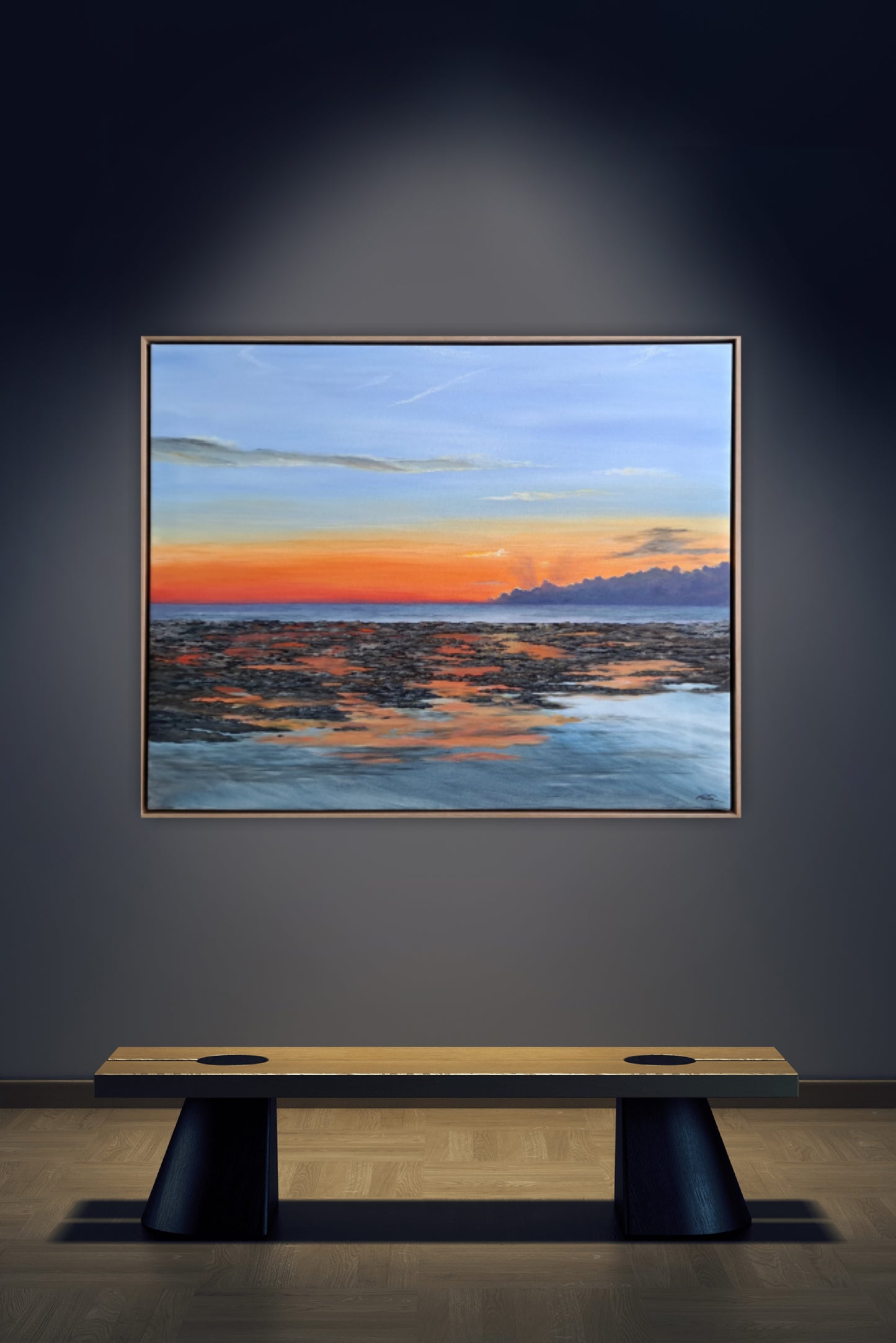Firey Dawn Original Artwork — oil on canvas 78x64cm framed, sunrise harbour seascape
