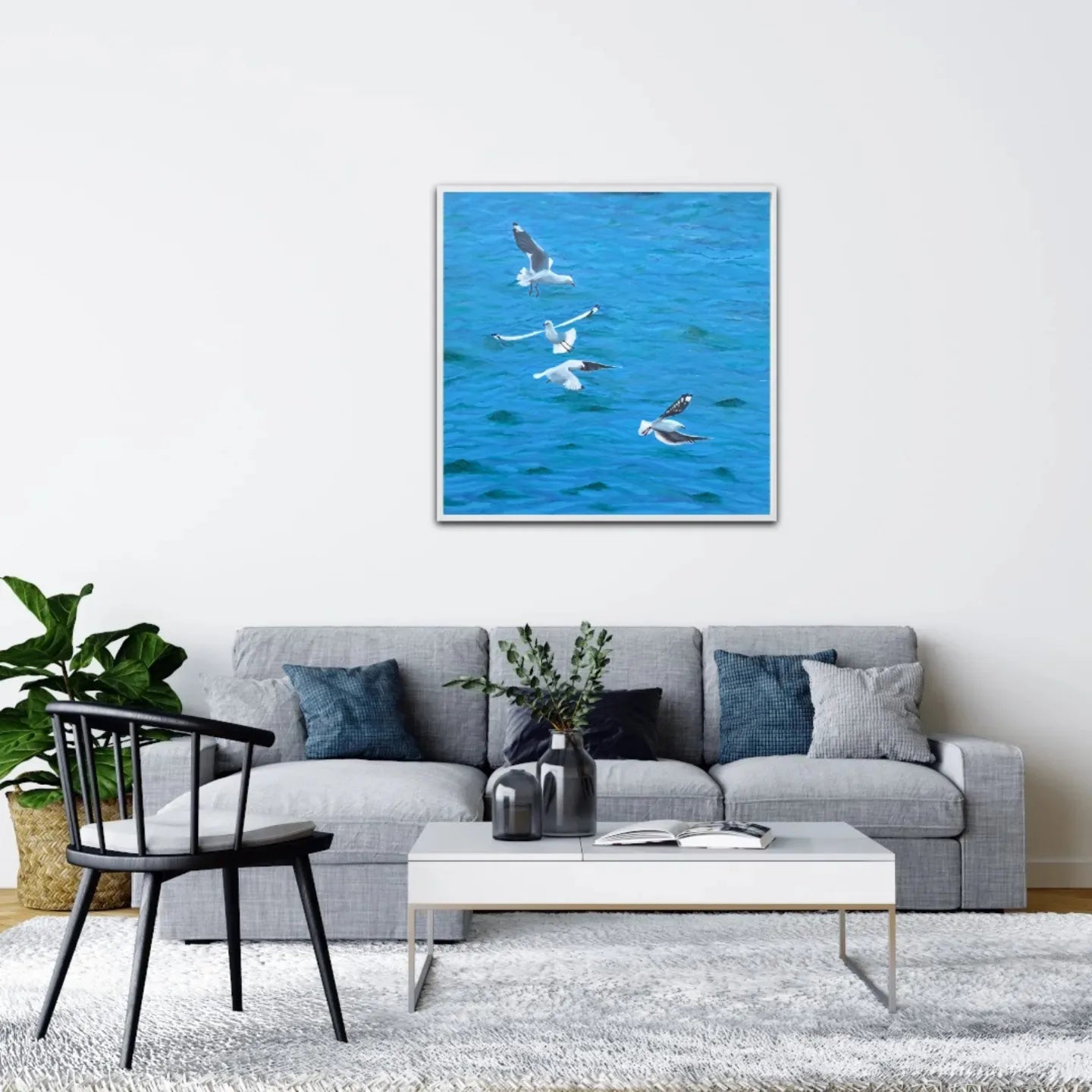 Free Wheeling Original Artwork — oil on canvas 74x74cm framed, seagulls over sea