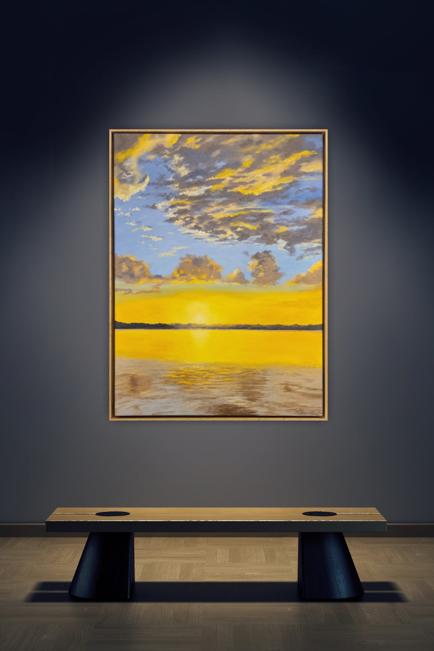 Serenity At Sunset | Original artwork showcasing a vibrant sunset over water, framed and displayed in an art gallery.