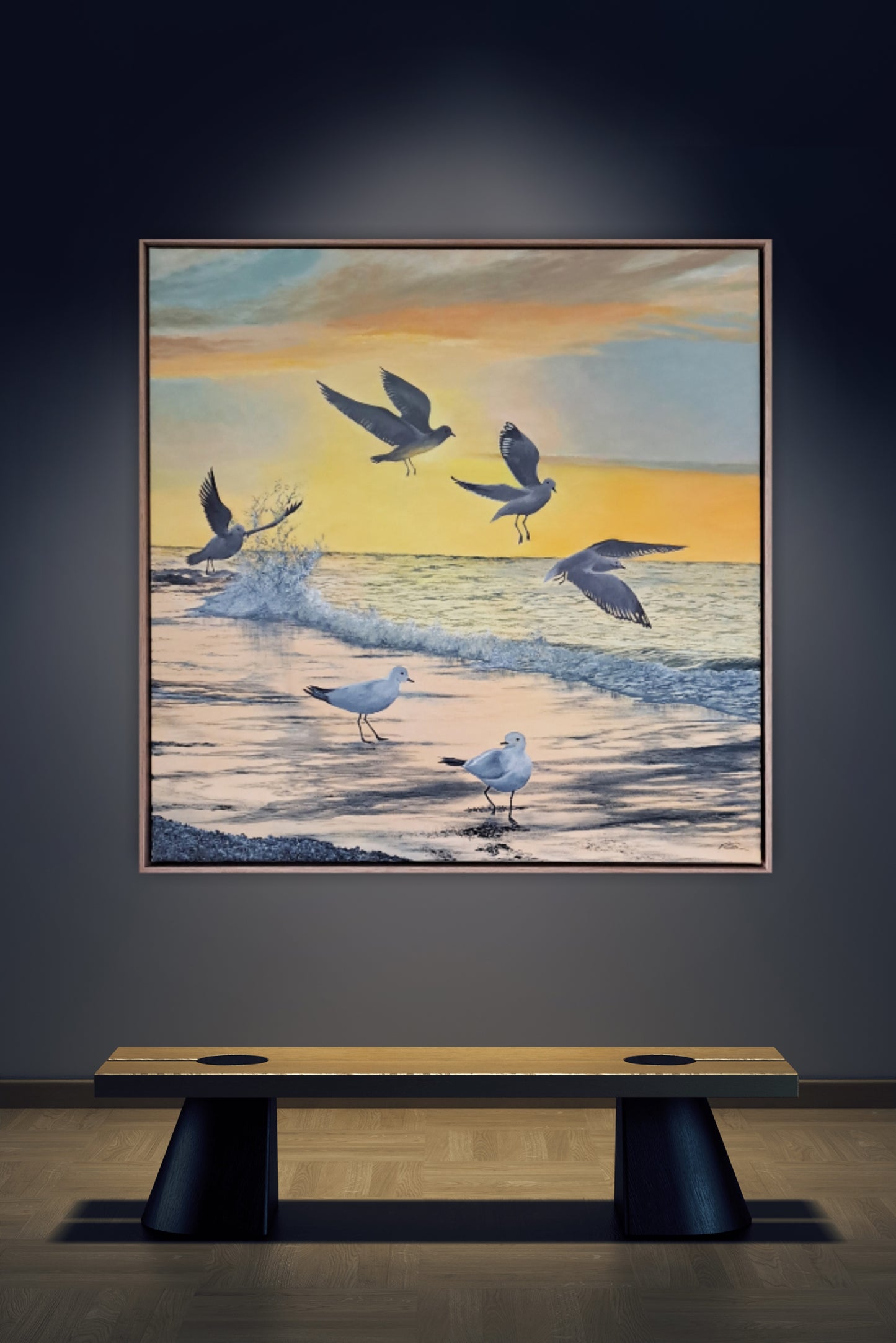Sunrise Scramble Original Artwork — oil on canvas 74x74cm framed, seagulls at sunrise
