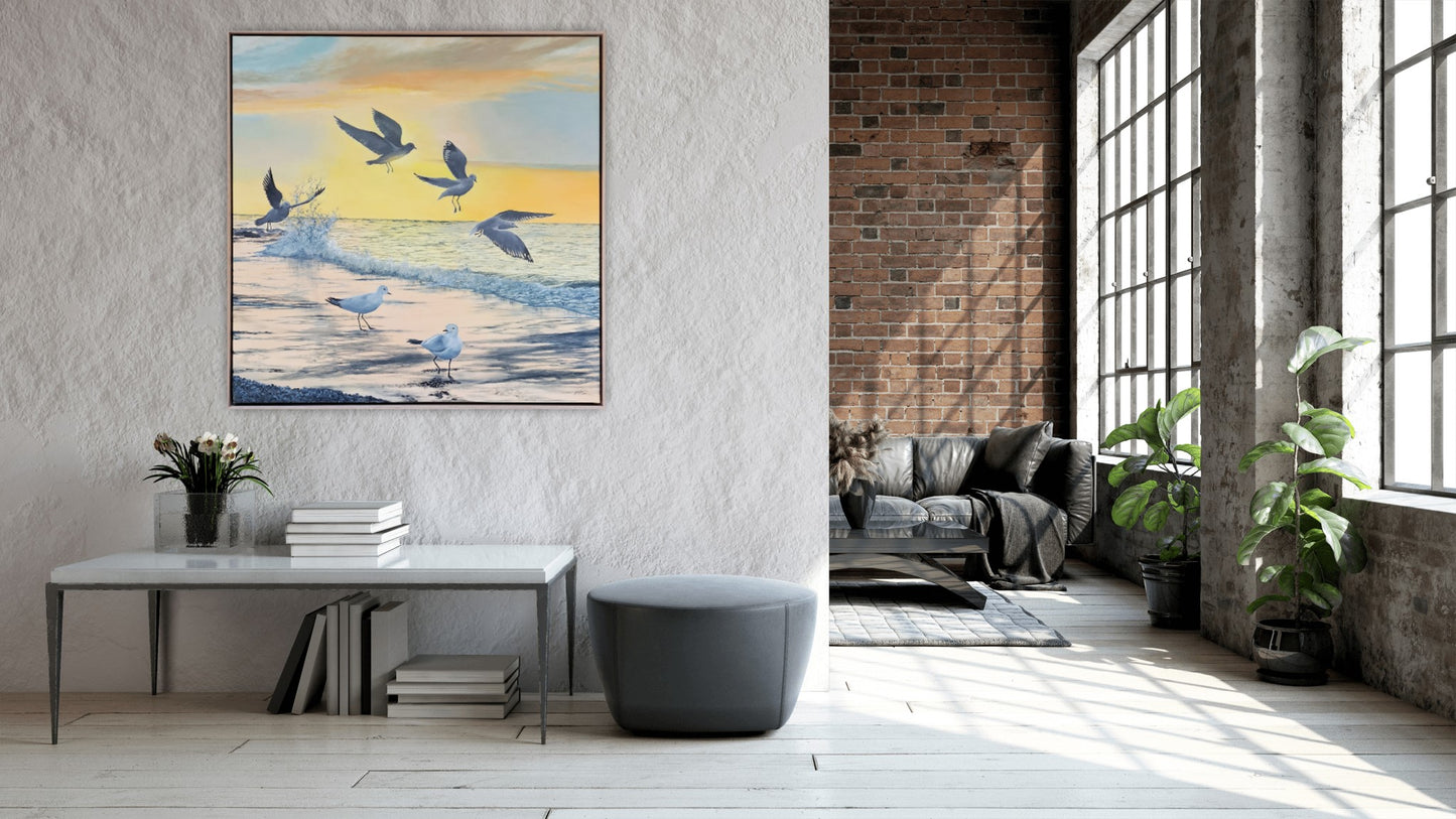 Sunrise Scramble Original Artwork — oil on canvas 74x74cm framed, seagulls at sunrise