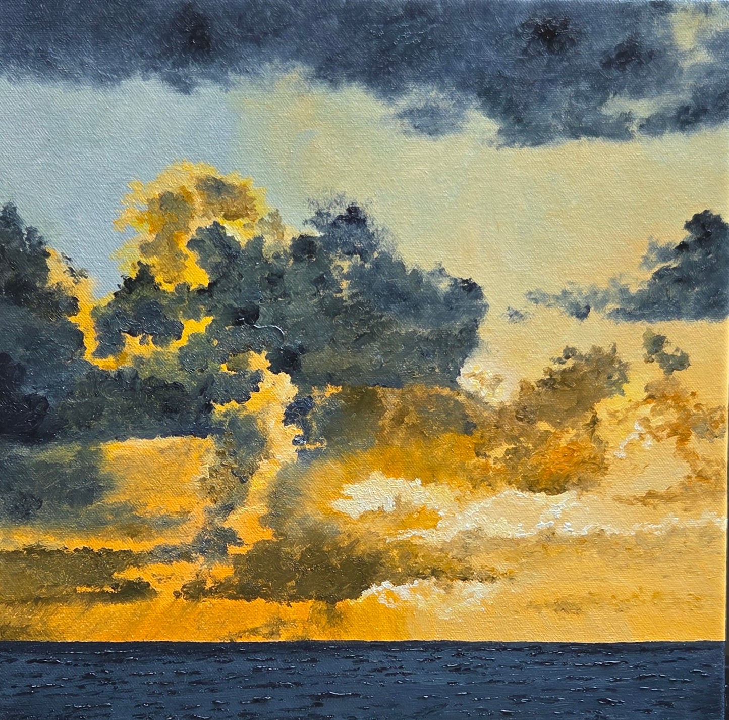 Sunset Show Off | Original Artwork depicting vibrant orange sunlight breaking through dark clouds over the ocean.