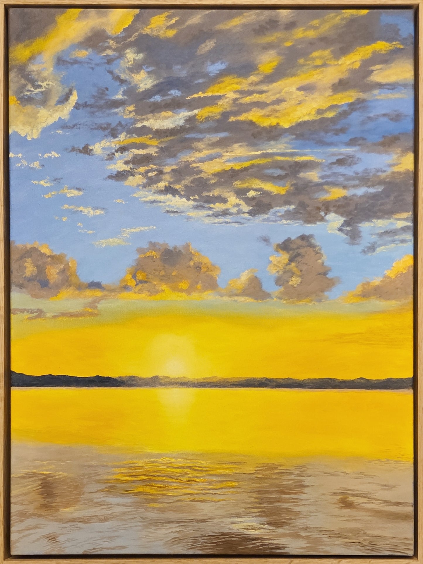 Serenity At Sunset original oil on canvas artwork with vibrant sunset colors and reflecting water.