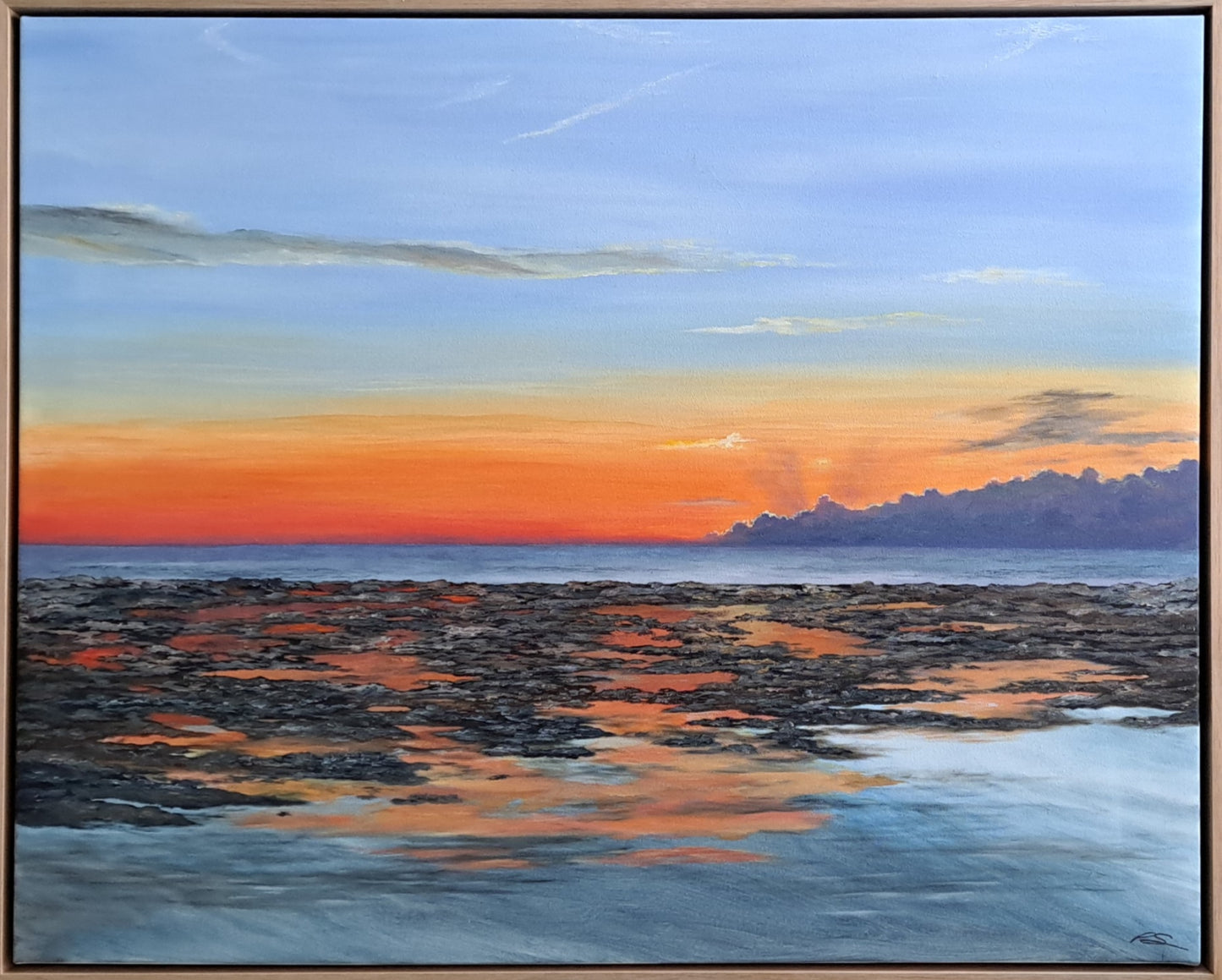 Firey Dawn Original Artwork — oil on canvas 78x64cm framed, sunrise harbour seascape