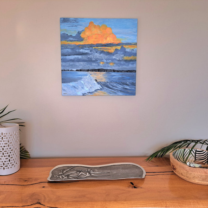 Sunset Surfer Original Artwork — Acrylic 50cm sq Framed