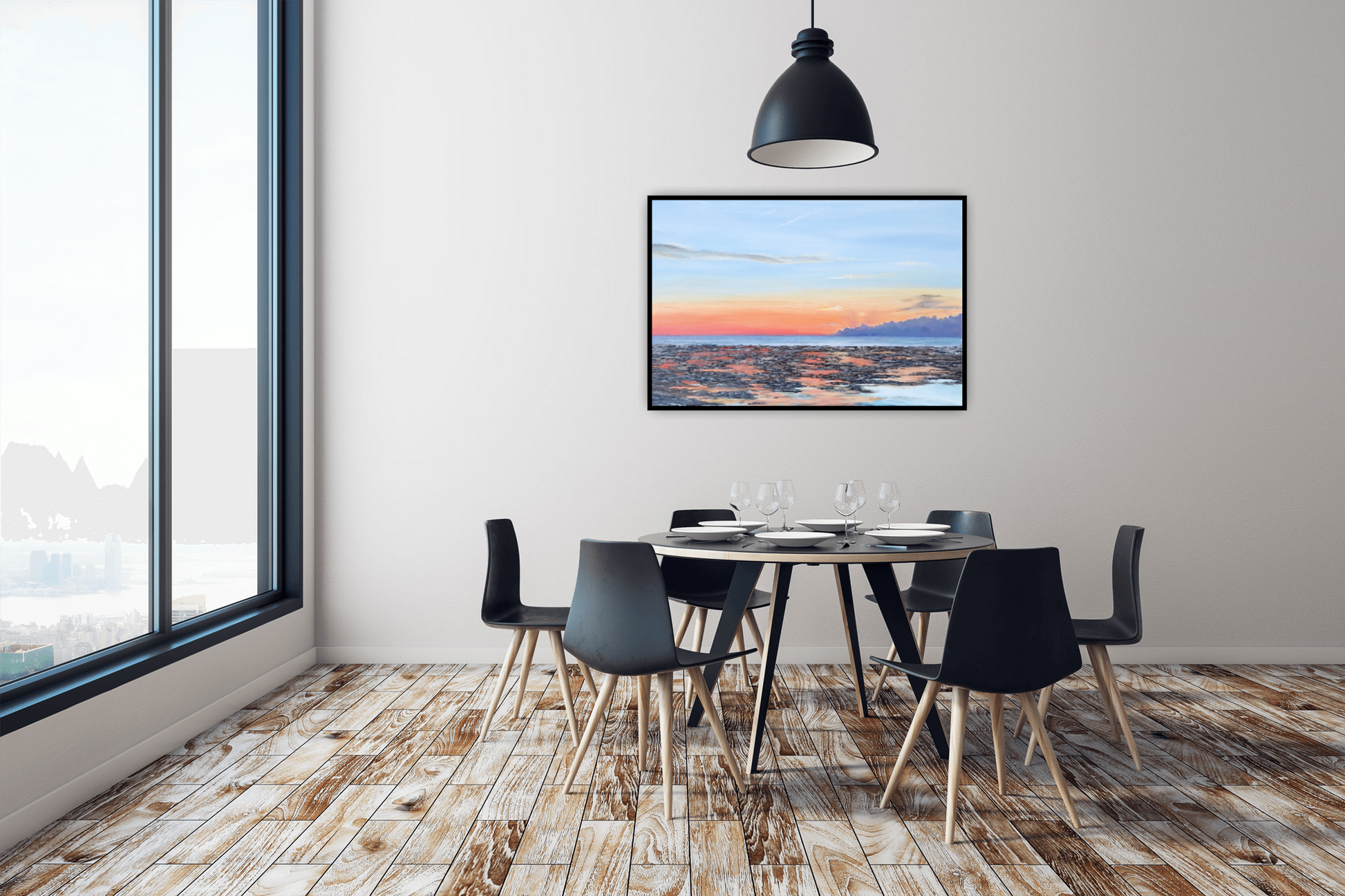 Firey Dawn Original Artwork — oil on canvas 78x64cm framed, sunrise harbour seascape