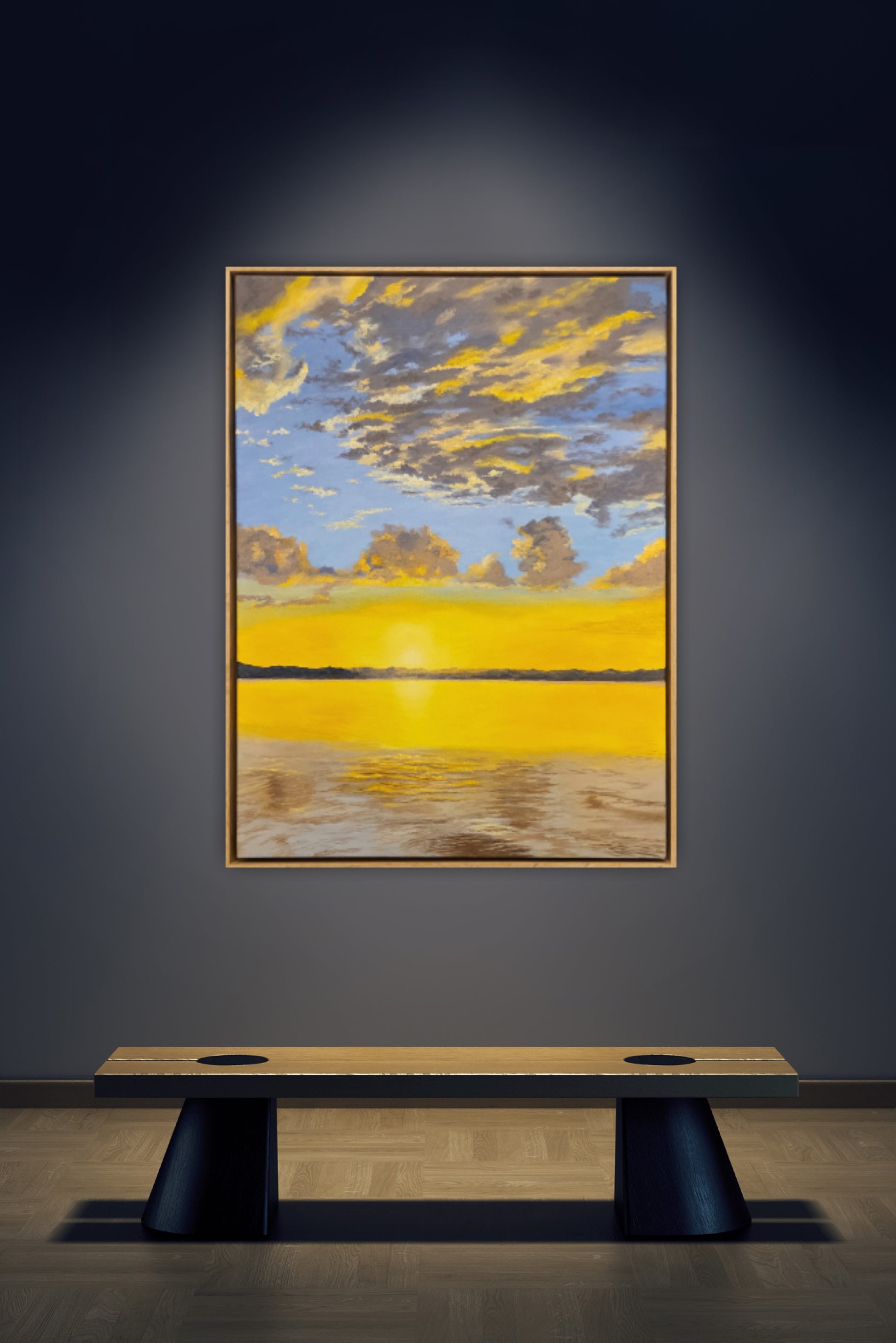 Serenity At Sunset | Original artwork showcasing a vibrant sunset over water, framed and displayed in an art gallery.