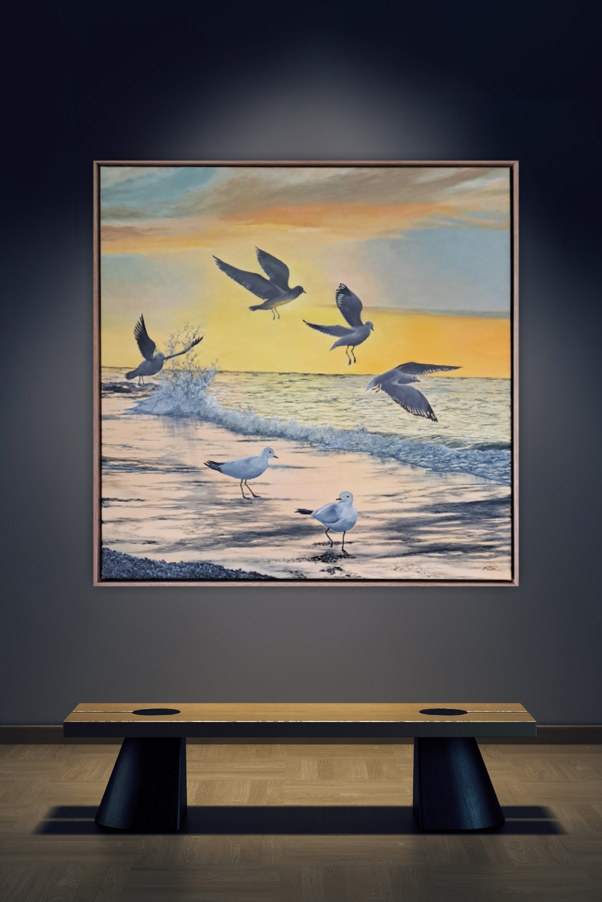 Sunrise Scramble Original Artwork — oil on canvas 74x74cm framed, seagulls at sunrise