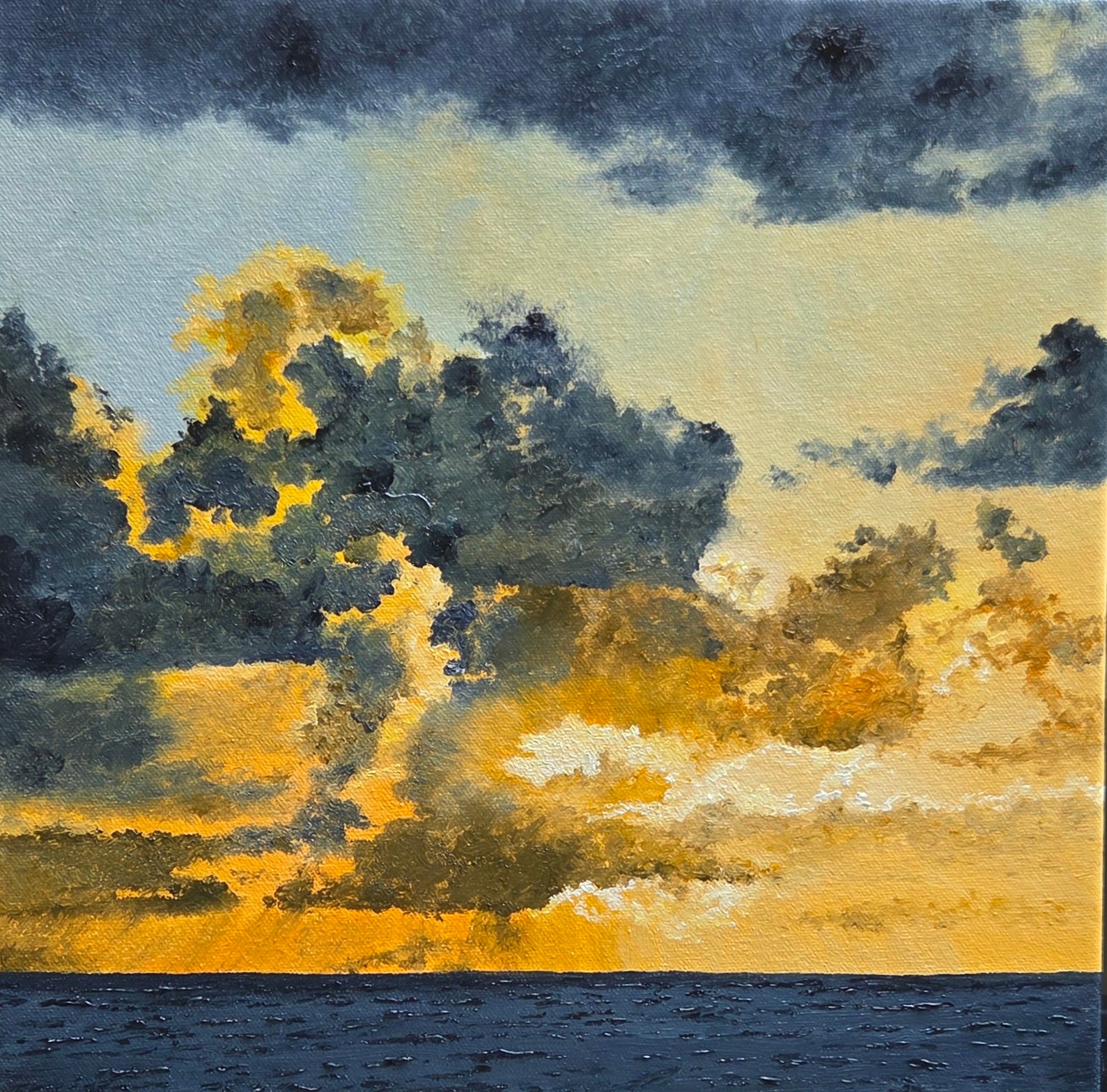 Sunset Show Off | Original Artwork depicting vibrant orange sunlight breaking through dark clouds over the ocean.