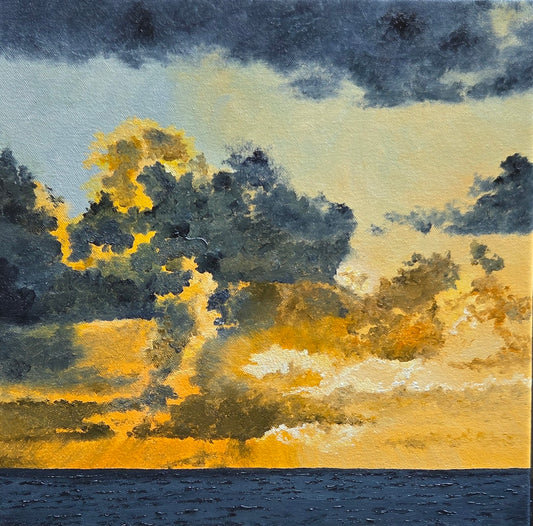 Sunset Show Off | Original Artwork depicting vibrant orange sunlight breaking through dark clouds over the ocean.