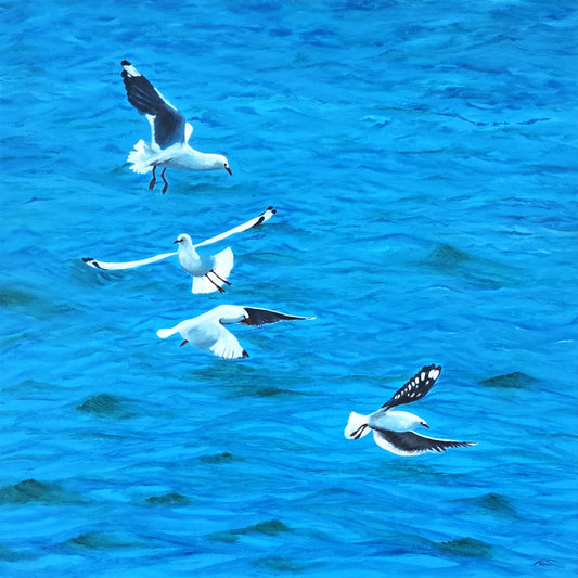 Free Wheeling Original Artwork — oil on canvas 74x74cm framed, seagulls over sea