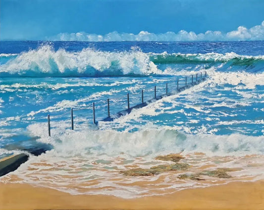 Splashed With Sunshine Original Artwork — oil on canvas 64x79cm framed, luminous coastal seascape